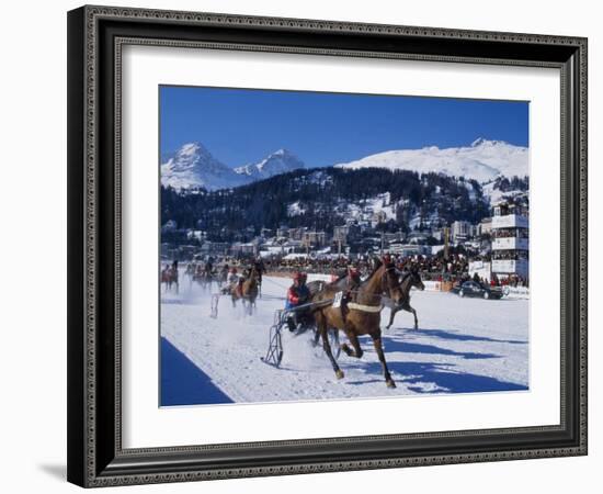 Trotting Race with Jockeys Driving Horse-Drawn Sleighs on the Frozen Lake at St Moritz-John Warburton-lee-Framed Photographic Print