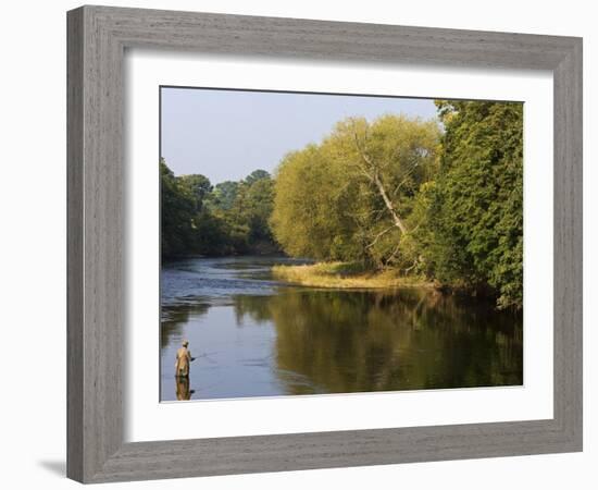 Trout Fisherman Casting to a Fish on the River Dee, Wrexham, Wales-John Warburton-lee-Framed Photographic Print