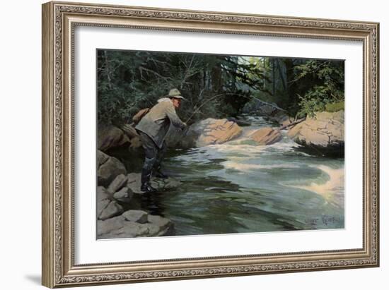 Trout on the Hook of a Fisherman in the north Woods, Circa 1900-null-Framed Giclee Print