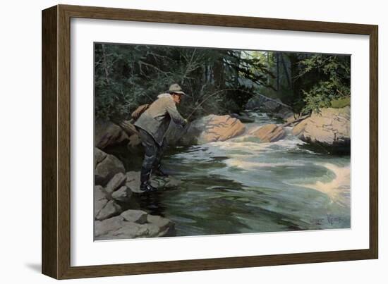 Trout on the Hook of a Fisherman in the north Woods, Circa 1900-null-Framed Giclee Print