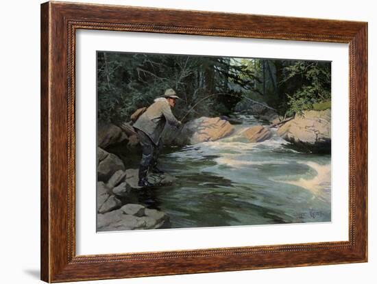 Trout on the Hook of a Fisherman in the north Woods, Circa 1900-null-Framed Giclee Print