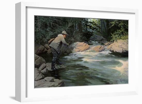 Trout on the Hook of a Fisherman in the north Woods, Circa 1900-null-Framed Giclee Print