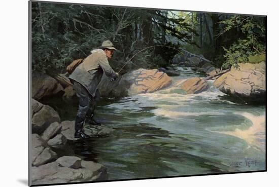 Trout on the Hook of a Fisherman in the north Woods, Circa 1900-null-Mounted Giclee Print