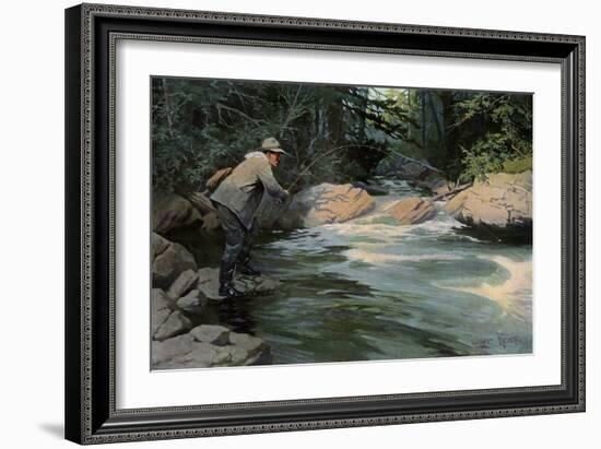 Trout on the Hook of a Fisherman in the north Woods, Circa 1900-null-Framed Giclee Print