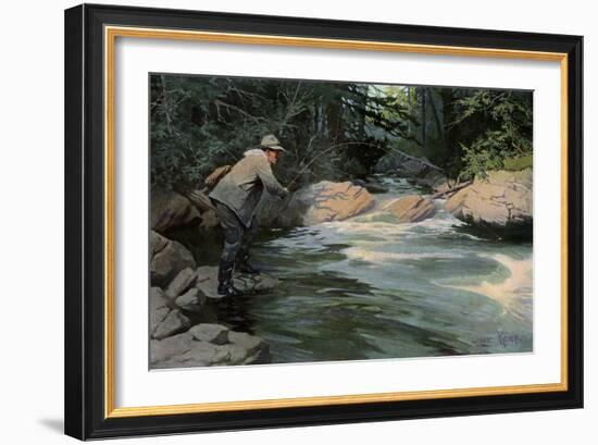 Trout on the Hook of a Fisherman in the north Woods, Circa 1900-null-Framed Giclee Print