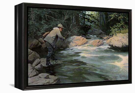 Trout on the Hook of a Fisherman in the north Woods, Circa 1900-null-Framed Premier Image Canvas