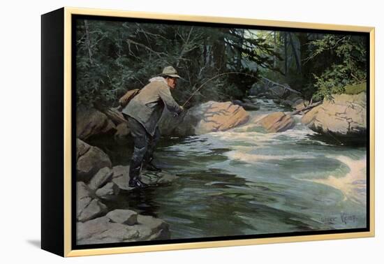 Trout on the Hook of a Fisherman in the north Woods, Circa 1900-null-Framed Premier Image Canvas