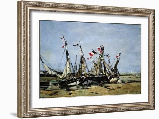 Trouville (France), Waiting for the Tide, Fishing Boats on the Beach, Decorated with French Flags,-Eugene Louis Boudin-Framed Giclee Print