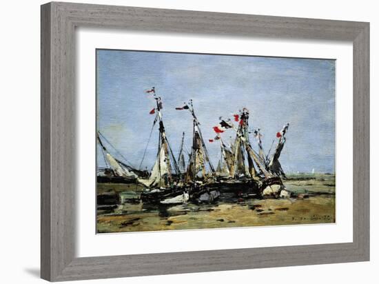 Trouville (France), Waiting for the Tide, Fishing Boats on the Beach, Decorated with French Flags,-Eugene Louis Boudin-Framed Giclee Print