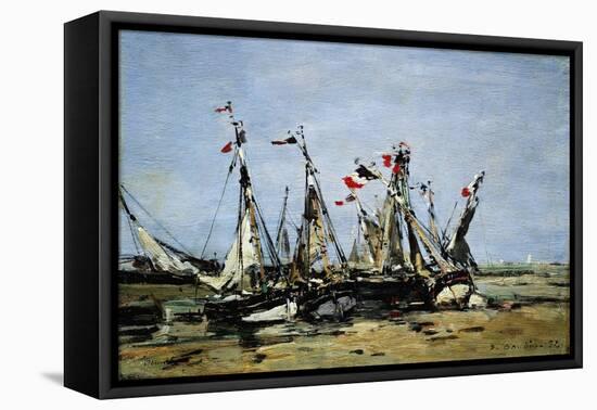 Trouville (France), Waiting for the Tide, Fishing Boats on the Beach, Decorated with French Flags,-Eugene Louis Boudin-Framed Premier Image Canvas