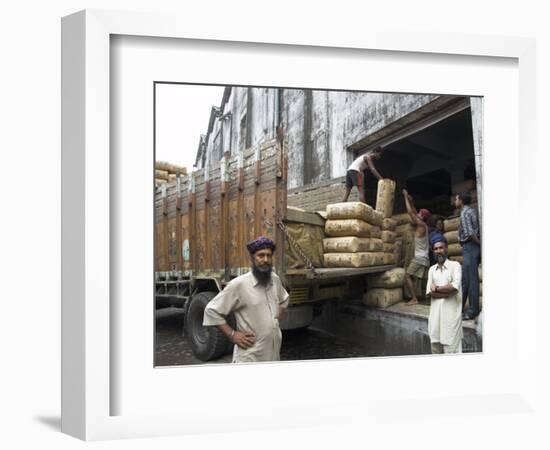 Truck Drivers in Front of Tea Sacks Being Unloaded at Kolkata Port-Eitan Simanor-Framed Photographic Print