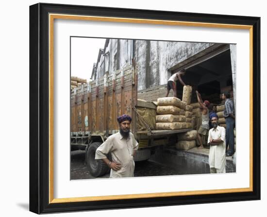 Truck Drivers in Front of Tea Sacks Being Unloaded at Kolkata Port-Eitan Simanor-Framed Photographic Print