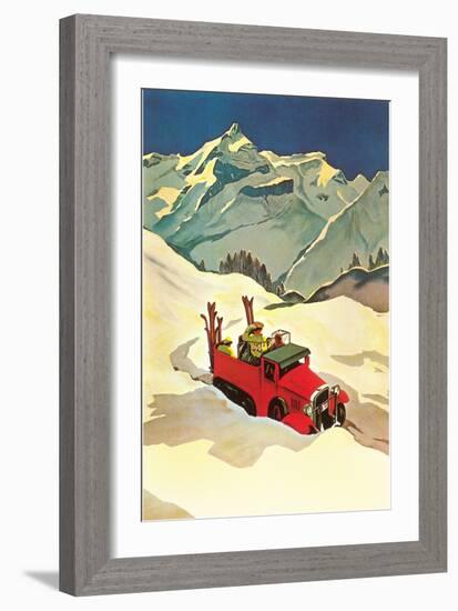 Truck in Snow with Skiers-null-Framed Art Print