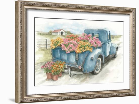 Truck with Flowers on Blue-Leslie Trimbach-Framed Art Print