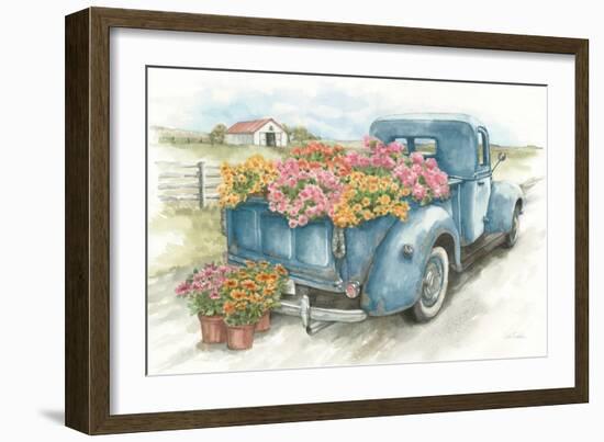 Truck with Flowers on Blue-Leslie Trimbach-Framed Art Print