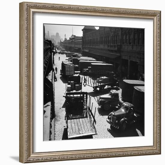 Trucks Clog Roadway in Front of Street-Level Entrances to Long Row of Hudson River Piers on West St-Andreas Feininger-Framed Photographic Print