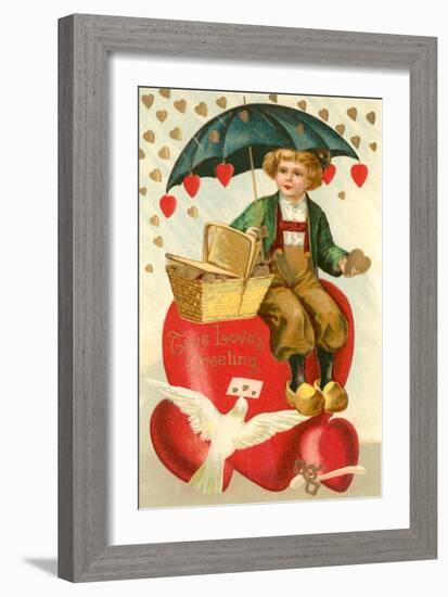 True Loves Greeting, Boy with Umbrella on Heart-null-Framed Art Print