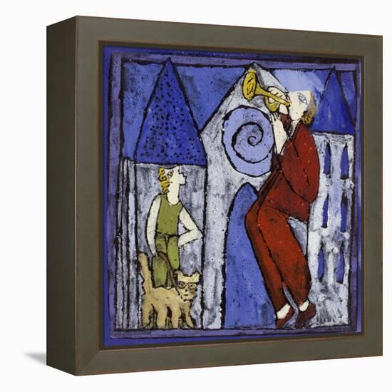 Trumpet Player at Night-Leslie Xuereb-Framed Premier Image Canvas