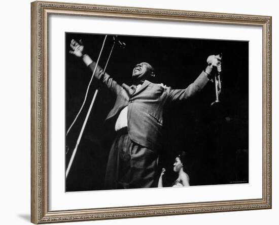 Trumpeter Louis Armstrong Belting Out His Famous Rendition of the Song "Hello Dolly" in a Nightclub-John Loengard-Framed Premium Photographic Print