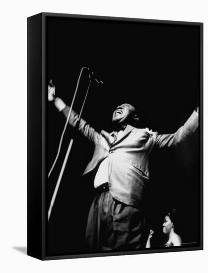 Trumpeter Louis Armstrong Belting Out His Famous Rendition of the Song "Hello Dolly" in a Nightclub-John Loengard-Framed Premier Image Canvas