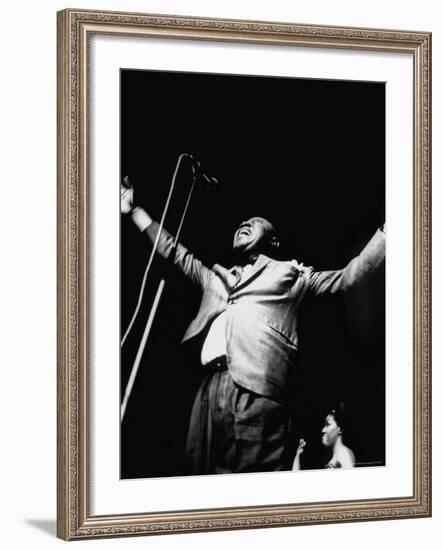 Trumpeter Louis Armstrong Belting Out His Famous Rendition of the Song "Hello Dolly" in a Nightclub-John Loengard-Framed Premium Photographic Print