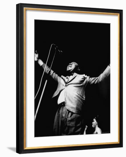 Trumpeter Louis Armstrong Belting Out His Famous Rendition of the Song "Hello Dolly" in a Nightclub-John Loengard-Framed Premium Photographic Print