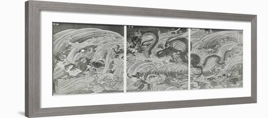 Tryptique. La pêcheuse de perles sacrées poursuivie par un grand dragon escorté de poissons-Kuniyoshi Utagawa-Framed Giclee Print