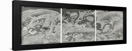 Tryptique. La pêcheuse de perles sacrées poursuivie par un grand dragon escorté de poissons-Kuniyoshi Utagawa-Framed Giclee Print