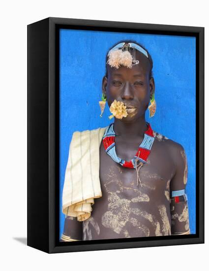 Tsemay Man with Flower in Mouth at Weekly Market, Key Afir, Lower Omo Valley, Ethiopia, Africa-Jane Sweeney-Framed Premier Image Canvas