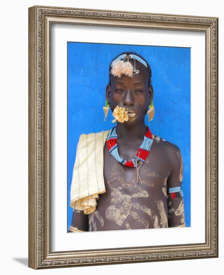 Tsemay Man with Flower in Mouth at Weekly Market, Key Afir, Lower Omo Valley, Ethiopia, Africa-Jane Sweeney-Framed Photographic Print