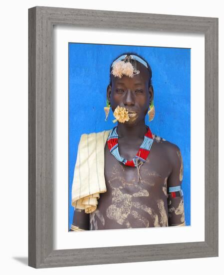 Tsemay Man with Flower in Mouth at Weekly Market, Key Afir, Lower Omo Valley, Ethiopia, Africa-Jane Sweeney-Framed Photographic Print