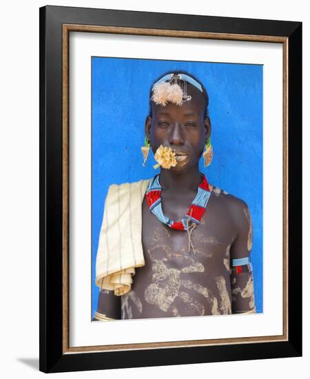 Tsemay Man with Flower in Mouth at Weekly Market, Key Afir, Lower Omo Valley, Ethiopia, Africa-Jane Sweeney-Framed Photographic Print