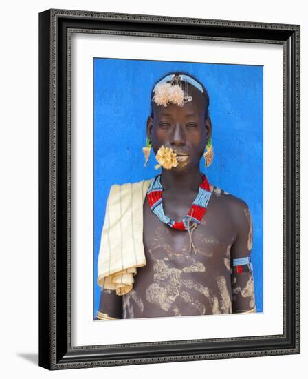 Tsemay Man with Flower in Mouth at Weekly Market, Key Afir, Lower Omo Valley, Ethiopia, Africa-Jane Sweeney-Framed Photographic Print