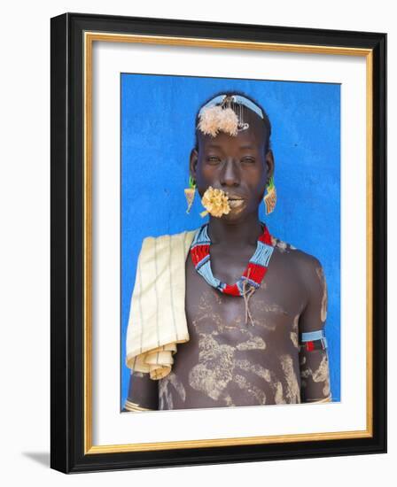 Tsemay Man with Flower in Mouth at Weekly Market, Key Afir, Lower Omo Valley, Ethiopia, Africa-Jane Sweeney-Framed Photographic Print