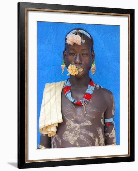 Tsemay Man with Flower in Mouth at Weekly Market, Key Afir, Lower Omo Valley, Ethiopia, Africa-Jane Sweeney-Framed Photographic Print