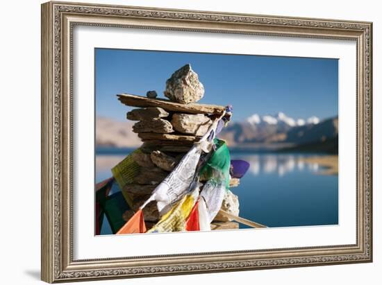 Tso Moriri Lake with Prayer Flags-Daniel Prudek-Framed Photographic Print