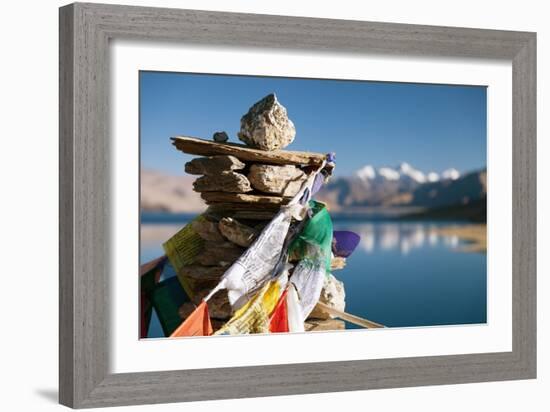 Tso Moriri Lake with Prayer Flags-Daniel Prudek-Framed Photographic Print