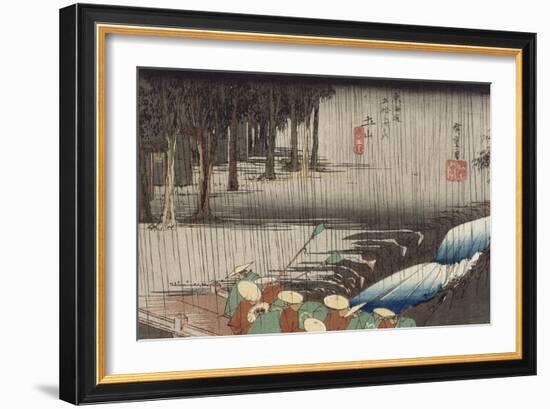 Tsuchiyama, pont et cascade sous la pluie-Ando Hiroshige-Framed Giclee Print