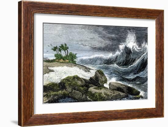 Tsunami Breaking on the Shore of Hawaii, 1800s-null-Framed Giclee Print