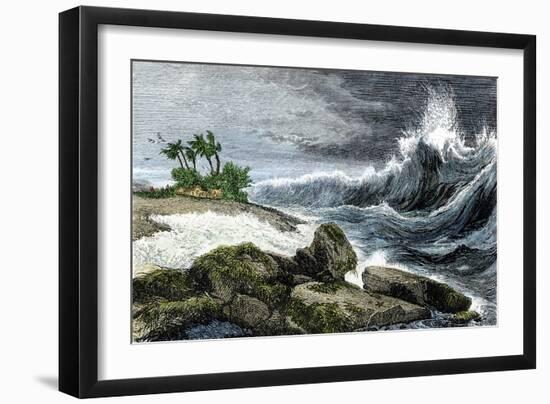 Tsunami Breaking on the Shore of Hawaii, 1800s-null-Framed Giclee Print