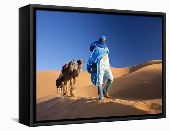 Tuareg Man Leading Camel Train, Erg Chebbi, Sahara Desert, Morocco-Peter Adams-Framed Premier Image Canvas