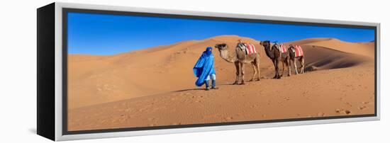 Tuareg Man Leading Camel Train in Desert, Erg Chebbi Dunes, Sahara Desert, Morocco-null-Framed Stretched Canvas