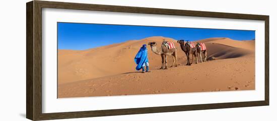 Tuareg Man Leading Camel Train in Desert, Erg Chebbi Dunes, Sahara Desert, Morocco-null-Framed Photographic Print