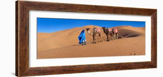 Tuareg Man Leading Camel Train in Desert, Erg Chebbi Dunes, Sahara Desert, Morocco-null-Framed Photographic Print