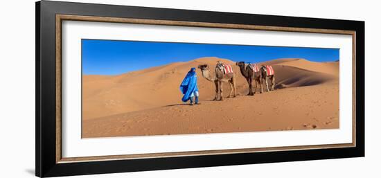 Tuareg Man Leading Camel Train in Desert, Erg Chebbi Dunes, Sahara Desert, Morocco-null-Framed Photographic Print