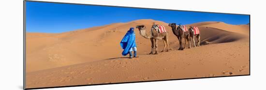 Tuareg Man Leading Camel Train in Desert, Erg Chebbi Dunes, Sahara Desert, Morocco-null-Mounted Photographic Print