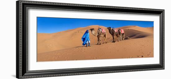 Tuareg Man Leading Camel Train in Desert, Erg Chebbi Dunes, Sahara Desert, Morocco-null-Framed Photographic Print