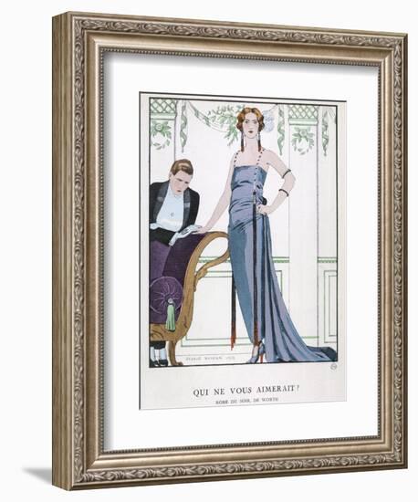 Tubular Grey Evening Gown by Worth with Any Fullness Drawn Over One Hip-Georges Barbier-Framed Photographic Print