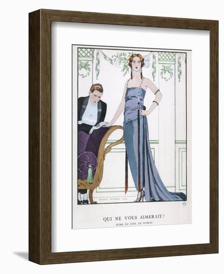 Tubular Grey Evening Gown by Worth with Any Fullness Drawn Over One Hip-Georges Barbier-Framed Photographic Print