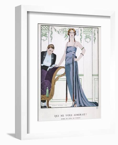 Tubular Grey Evening Gown by Worth with Any Fullness Drawn Over One Hip-Georges Barbier-Framed Photographic Print